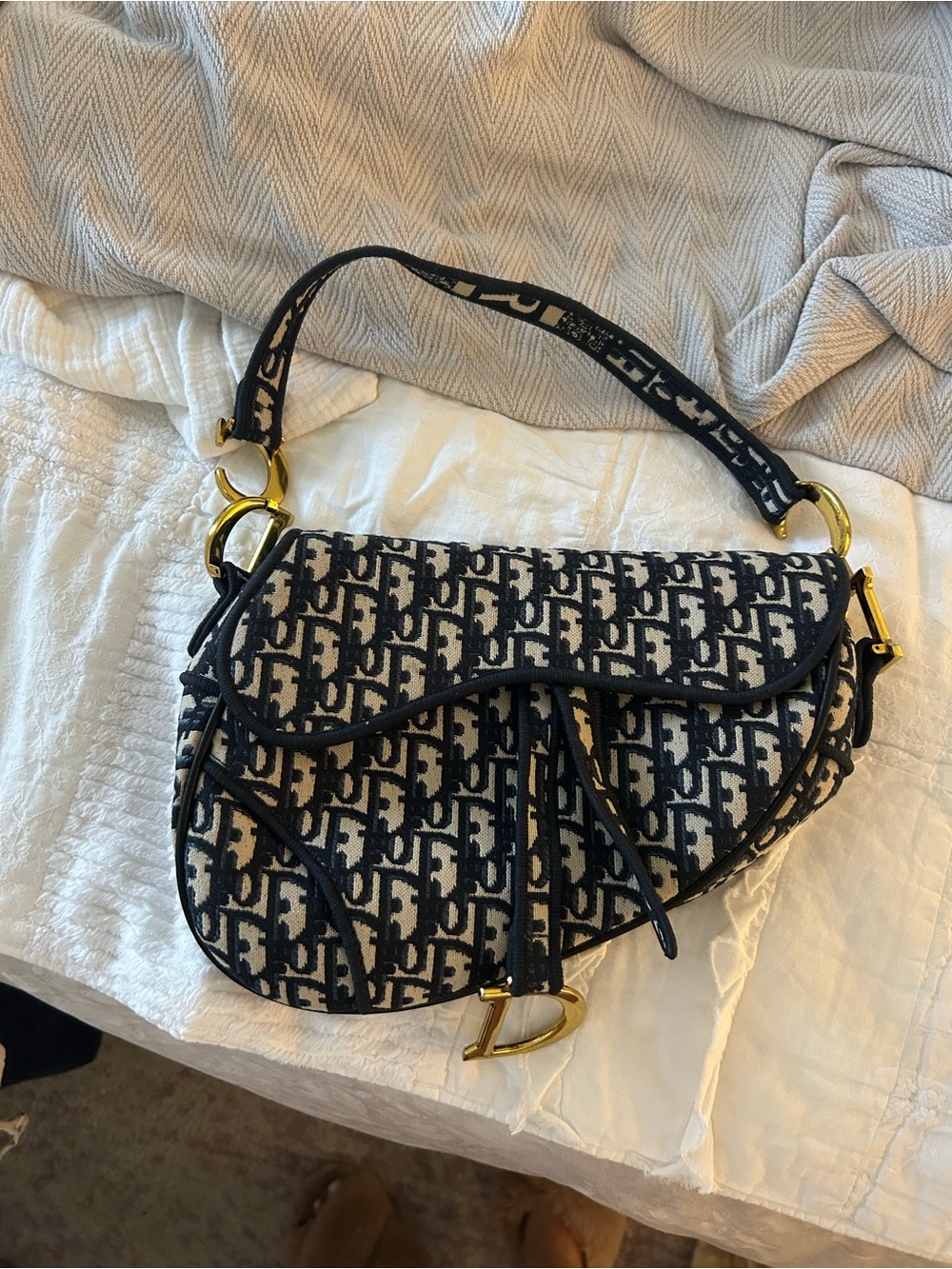 Source Unknown Black & Cream Monogram Saddle Bag with Gold Hardware